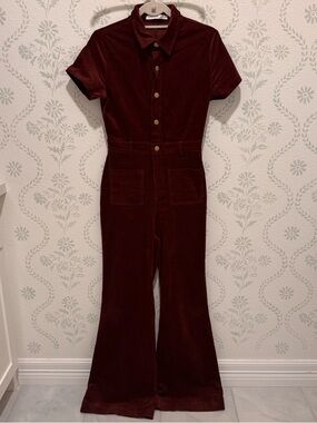 Altar’d State Short-Sleeve corduroy Velvet Jumpsuit in Deep Burgundy/Maroon.